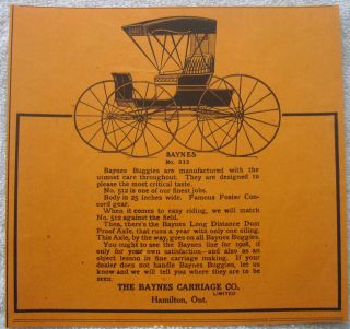 1908 BAYNES CARRIAGE CO HORSE BUGGY WAGON AD HAMILTON ONTARIO CANADA 