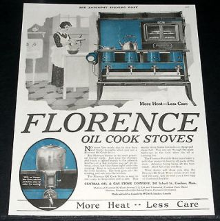   MAGAZINE PRINT AD, FLORENCE OIL COOK STOVES, MORE HEAT AND LESS CARE