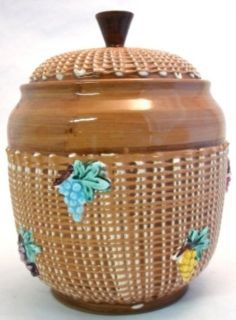 Vintage Majolica Cookie Jar Italy Grapes Basket Weave Blue Purple 
