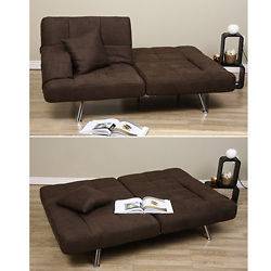   CONTEMPORARY LOW PROFILE BROWN FUTON SOFA BED FURNITURE WITH PILLOW