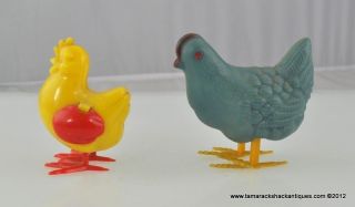   Vintage Plastic Chicken Toys Blue Yellow Red Marble Egg Laying VTG
