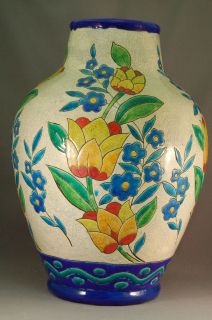 MONUMENTAL Belgium Keramis Boch Freres Crackle Finish Art Deco Vase!