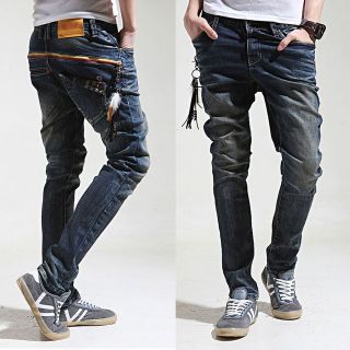   Fashion Washing Blue Denim Baggy Jeans Check Patten Detail Slim Fit