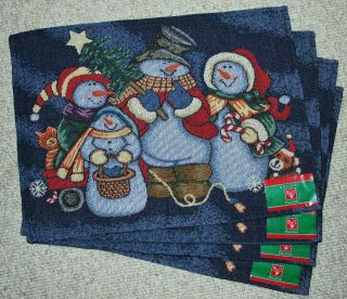 SET 4 COTTON TAPESTRY PLACEMATS/ CHRISTMAS/HOLIDAY/SNOWMAN/ NAVY BLUE 