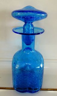   Blue Crackle Glass Bottle Art Decanter with Stopper Mid Century Vase