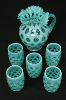 Fenton Blue Opalescent Glass Coin Dot Pitcher & 5 Tumblers Water Set