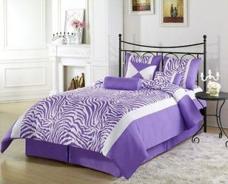 7pcs Light Purple Safari Zebra Printed Comforter Set Bed in a bag King 