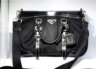 PRADA Black Leather and Nylon Shoulder / Crossbody Handbag REDUCED