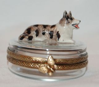 Limoges Porcelain Welsh Corgi on Crystal Trinket Box