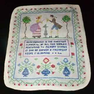 Vintage COLONIAL SAMPLER Linen Cross Stitch Courting Man Woman 