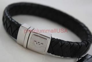  Armani bracelet men EG2889 925 silver black leather eagle logo 20.5 cm