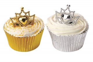 CROWN RING PLASTIC GOLD AND SILVER BIRTHDAY PRINCESS CUPCAKE TOPPER 