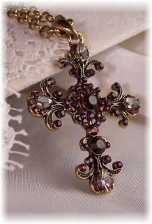   Antique Gold Filigree Victorian Rhinestone Crystal Cross Necklace