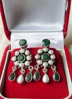 Sterling Silver Pearl and emerald color earrings Indian Jhumka