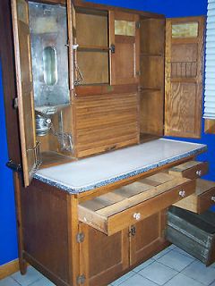 Antique Oak Hoosier Sellers Cabinet with flour bin, slag glass doors 