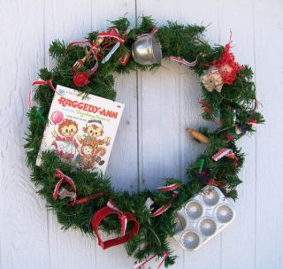 Raggedy Ann and Raggedy Andy theme artifical pine wreath with vintage 