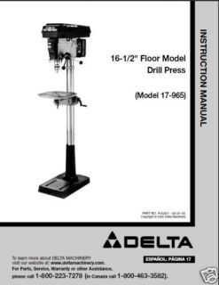 Delta 16 1/2 Drill Press Instruction Manual #17 965