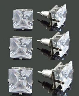 3pair W square diamond cut CZ mens stud earrings silver