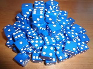 Lot of 50 Blue Dice 16mm 16 mm D6 White Pips Gaming Casino *Fast Ship 
