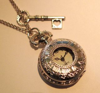   Wonderland Pocket Watch Necklace  Antique Silver Heart Key Jewellery