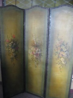 Antique Leather 3 Panel Painted Room Divider