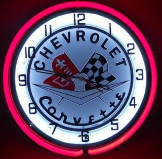 Chevy Corvette 18 Neon Chome Clock Parts Dealer Emblem Garage Sting 