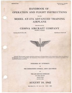 1942 CESSNA AT 17A BOBCAT PILOTS FLIGHT MANUAL