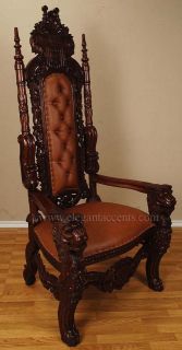 Carved Mahogany King Lion Gothic Throne Chair Brown