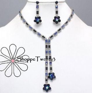 Royal Blue Necklace Set Lariat w/ 4 Drop Elegant Bridal Jewelry New 