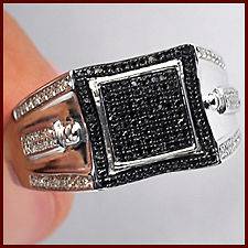   Silver 0.60 ct Genuine Black White Diamond Mens Cheap Signet Ring