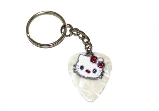 White Pearl GUITAR PICK Key Chain with Silver Crystal & Enamel HELLO 