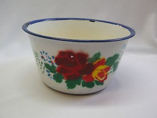 enamel ware enamel bowl stenciled flowers mixing serving metal blue 