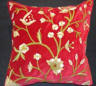 Crewel Pillow Tree of Life Red Cotton Velvet (20x20)
