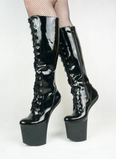   Sexy Pony Shoes Lack High Heel Lace Up Round Toe Knee High Boots Black