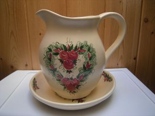 Vintage Ceramic WASH BASIN and JUG SET Hearts and Pink Roses Commode 
