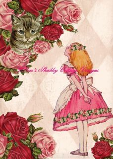   Art Alice In Wonderland w Cheshire Cat & Roses 8x10 Fabric Block