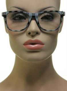   Glasses Square Black Frame White Plaid Design Clear Lens Eyeglasses
