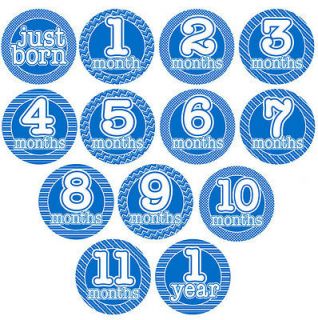 BABY BOY: Blue Monthly Onesie Stickers (13 = Just Born + 12 months 