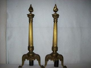 Antique Detailed Solid Brass Andirons   Flame Top   Claw Feet   28 