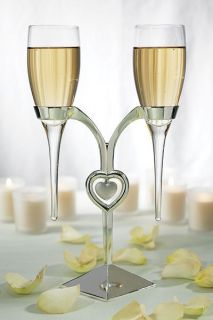   Wedding Toasting Champagne Clear Glass Flutes w/Silver Plated Stand