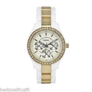 FOSSIL WHITE ACRYLIC MULTI FUNCTION DIAL w/ GOLD+CRYSTAL BEZEL WATCH 