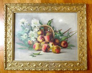 Antique Still life Fruit Peaches Flowers Basket Painting Oil Board