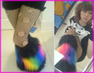  Rainbow and black 3 Tone Furry Leg Warmers Cyber Punk Gators Rave DIY