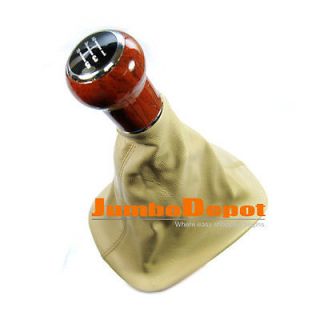 WOOD GEAR SHIFT KNOB LEATHER BOOT 5 SPEED BEIGE CHANGE KIT FOR VW 