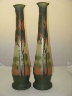 Legras Art Glass Enamelled Handpainted Vases large pair