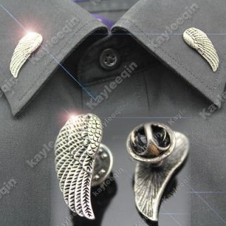   Silver Angel Wing Shirt Collar Neck Tips Brooch Pin Goth Punk Biker