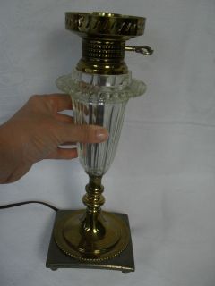   BRASS AND GLASS LAMP WITH CANDLEWICK TRIM, NEEDS HURRICANE SHADE