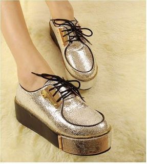 Women‘s Retro Lace Up Glitter Shoes Platform Heels Flat Pumps 