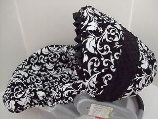   &WHITE SCROLL PRINT/BLACK MINKY DOTS INFANT CAR SEAT COVER/Graco fit