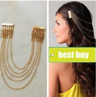 New Gold Tone Elegant Womans Long Tassel Chains Cuff Hair Combs 